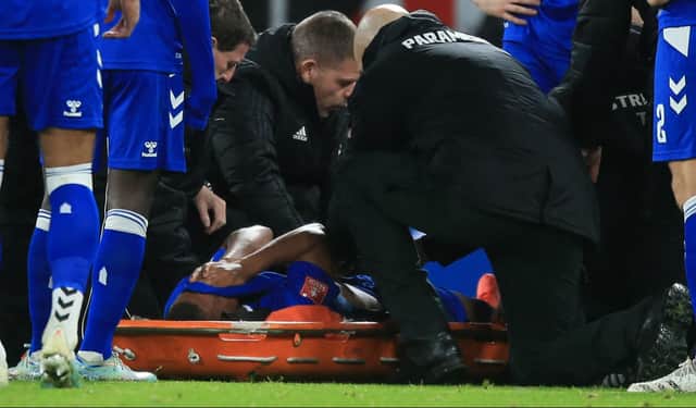Alex Iwobi suffered ankle ligament damage in Everton’s loss to Manchester United. Picture: LINDSEY PARNABY/AFP via Getty Images