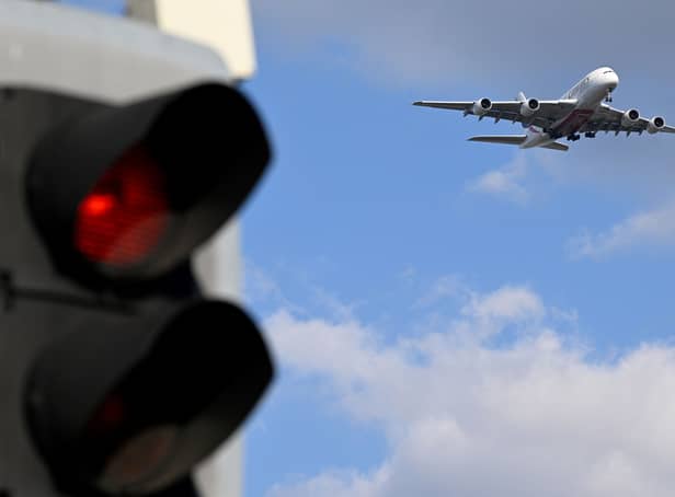 <p>Emirates’ Airbus A3800-800 airliner approaches Heathrow international airport, where Border Force agents discovered a package contaminated with uranium in December</p>