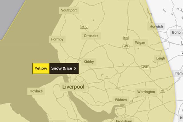 A yellow weather warning for snow and ice is in place over Merseyside. Image: Met Office