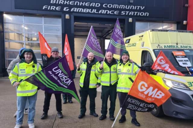 Ambulance workers strike in Birkenhead. Image: Emma Dukes