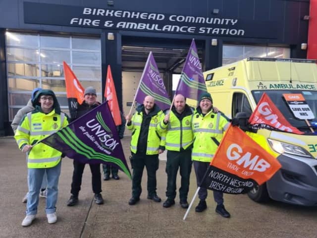 Ambulance workers strike in Birkenhead. Image: Emma Dukes