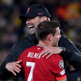 Jurgen Klopp embraces Liverpool vice-captain James Milner. Picture: John Powell/Liverpool FC via Getty Images