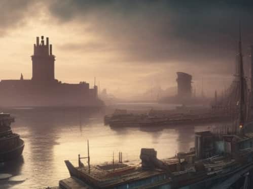 Royal Albert Dock post apocalypse. Image: NightCafe