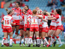 Players of St Helens celebrates after victory in the Betfred Women’s Super League Grand Final match against Leeds Rhinos. Image: George Wood/Getty Images