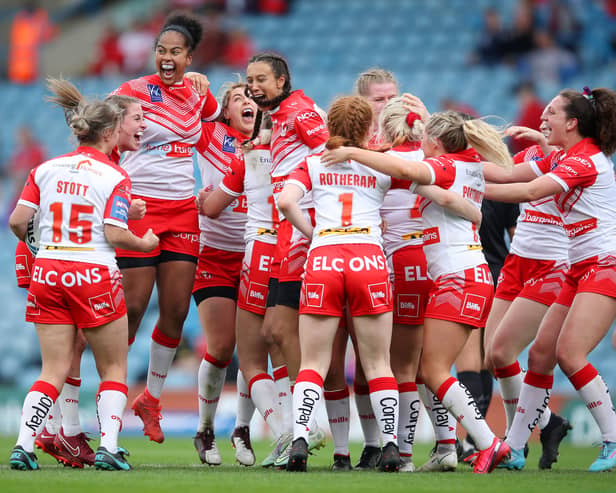 Players of St Helens celebrates after victory in the Betfred Women’s Super League Grand Final match against Leeds Rhinos. Image: George Wood/Getty Images