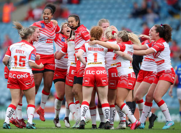 <p>Players of St Helens celebrates after victory in the Betfred Women’s Super League Grand Final match against Leeds Rhinos. Image: George Wood/Getty Images</p>