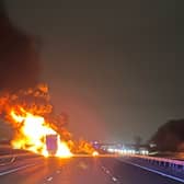 A HGV caught fire on the M62, last night. Image: Widnes Fire Station