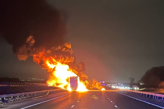 A HGV caught fire on the M62, last night. Image: Widnes Fire Station