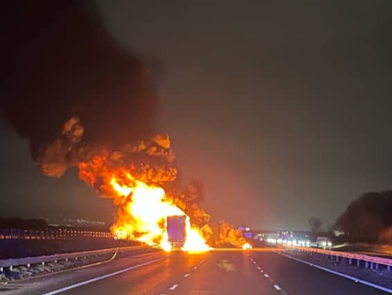 <p>A HGV caught fire on the M62, last night. Image: Widnes Fire Station</p>