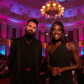 Rylan Clark and AJ Odudu at the Eurovision handover ceremony. Image: BBC 