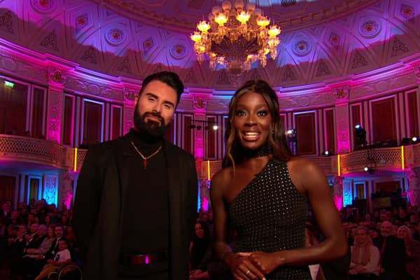 Rylan Clark and AJ Odudu at the Eurovision handover ceremony. Image: BBC 