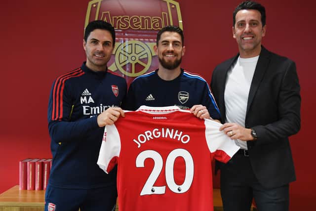 Arsenal manager Mikel Arteta and (R) Sporting Director Edu with (2ndL) new signing Jorginho at London Colney on January 31, 2023 in St Albans, England. (Photo by Stuart MacFarlane/Arsenal FC via Getty Images)