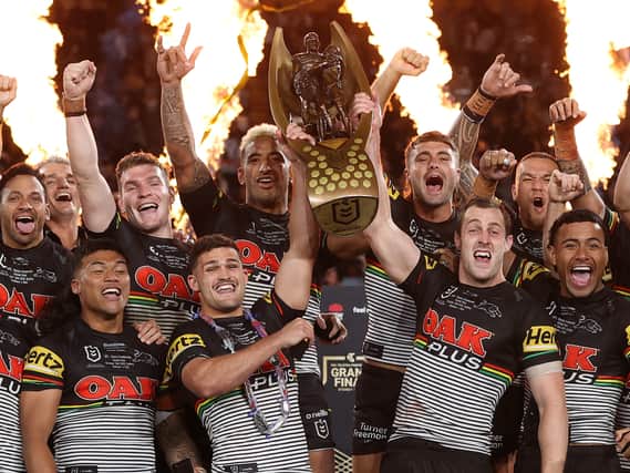  The Panthers celebrate with the NRL Premiership Trophy after victory in the 2022 NRL Grand Final. Image: Cameron Spencer/Getty Images