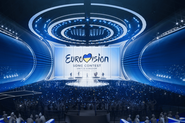  Across more than 450 square metres of staging, the stunning Eurovision stage in Liverpool will bring together another 220 square metres of independently moving and turning video screens, as well as over 700 video tiles integrated into the floor and more than 1500 metres of LED lights. Pic: BBC.