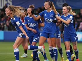 Rikke Sevecke of Everton celebrates after she scores. Image: Nathan Stirk/Getty Images