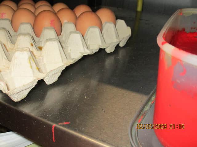 Mouse dropping on a shelf next to eggs and open container of sauce.  Credit: Wirral Council