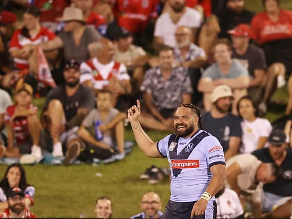 Konrad Hurrell of the Saints dances in front of the crowd during the NRL Trial Match between the St George Illawarra Dragons and St Helens. Image: Mark Kolbe/Getty Images