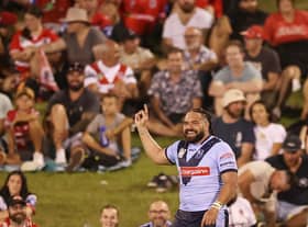 Konrad Hurrell of the Saints dances in front of the crowd during the NRL Trial Match between the St George Illawarra Dragons and St Helens. Image: Mark Kolbe/Getty Images