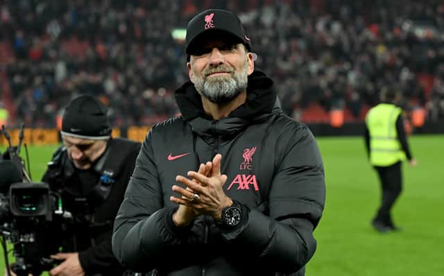  Jurgen Klopp manager of Liverpool showing his appreciation to the fans at the end of the Premier League match between Liverpool FC and Everton FC at Anfield on February 13, 2023 in Liverpool, England. (Photo by Andrew Powell/Liverpool FC via Getty Images)