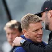 Eddie Howe, Manager of Newcastle United embraces Juergen Klopp, Manager of Liverpool prior to the Premier League match between Newcastle United and Liverpool at St. James Park on April 30, 2022 in Newcastle upon Tyne, England. (Photo by Ian MacNicol/Getty Images)