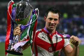 Paul Sculthorpe of St Helens poses with the trophy and his winners medal following his team’s victory over Brisbane Broncos in the World Club Challenge match in 2007. Image: Paul Gilham/Getty Images