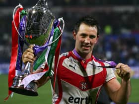 Paul Sculthorpe of St Helens poses with the trophy and his winners medal following his team’s victory over Brisbane Broncos in the World Club Challenge match in 2007. Image: Paul Gilham/Getty Images