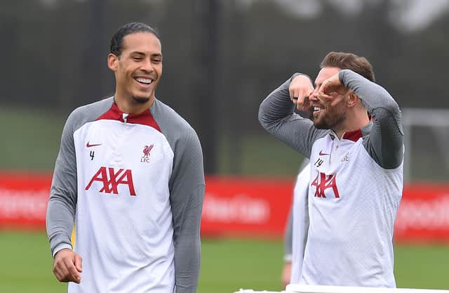 Virgil van Dijk and Jordan Henderson captain of Liverpool during a training session at AXA Training Centre on February 16, 2023 in Kirkby, England. (Photo by John Powell/Liverpool FC via Getty Images)