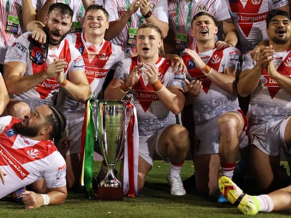 St Helens ccelebrate with the World Club Challenge trophy. Image: Mark Metcalfe/Getty Images