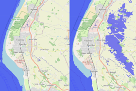 Before and after images of how Formby and Hightown might look if sea levels rose by 5ft. Image: floodmap.net