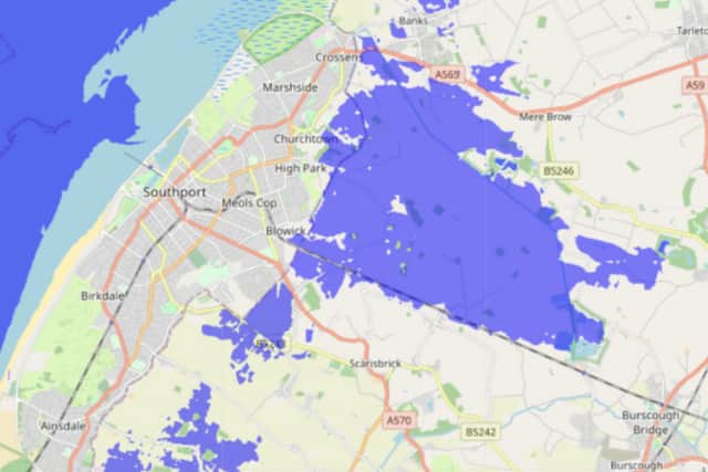 Before and after images of how Southport and Ainsdale could look if sea levels rise by 5ft. Image: floodmap.net