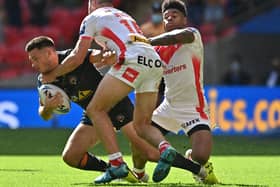 Castleford Tigers Niall Evalds in action with St Helens Jack Welsby. Image: Tony O'Brien/Getty Images