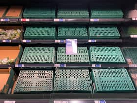 Empty shelves are seen in the fruit and vegetable aisles of a Tesco supermarket on February 22, 2023 in Burgess Hill.