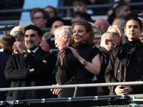 LONDON, ENGLAND - FEBRUARY 26: Newcastle United co owners, Amanda Staveley and Mehrdad Ghodoussi watch on during the Carabao Cup Final match between Manchester United and Newcastle United at Wembley Stadium on February 26, 2023 in London, England. (Photo by Julian Finney/Getty Images)