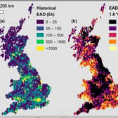 Maps show historical expected annual flood damage (EAD) in GBP billion at 2020 values, and calculated EAD percentage increase with 1.8 degrees global warming. (Credit: University of Bristol and Fathom)