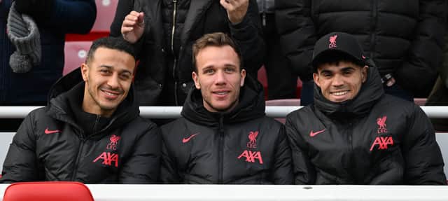 Arthur Melo, centre, with Liverpool pair Thiago Alcantara, left, and Luis Diaz. Picture: Andrew Powell/Liverpool FC via Getty Images