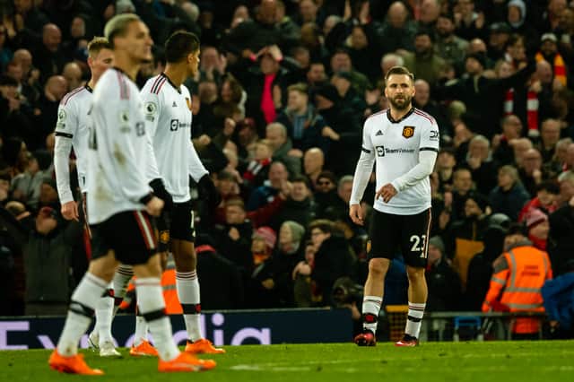 Manchester United dejected during their 7-0 loss to Liverpool. Picture: Ash Donelon/Manchester United via Getty Images