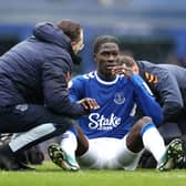 madou Onana of Everton receives medical treatment during the Premier League match between Everton FC and Brentford FC at Goodison Park on March 11, 2023 in Liverpool, England. (Photo by Naomi Baker/Getty Images)