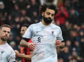 Mo Salah dejected after missing a penalty in Liverpool’s loss to Bournemouth. Picture: STEVE BARDENS/AFP via Getty Images