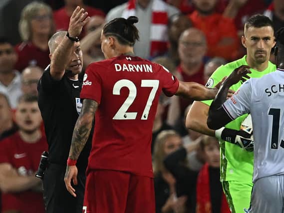 Liverpool’s Darwin Nunez is sent off against Crystal Palace at Anfield. Photo: PAUL ELLIS/AFP via Getty Images