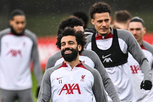 Liverpool’s Egyptian striker Mohamed Salah takes part in a training session at Liverpool training ground in Liverpool, northwest England, on March 14, 2023, on the eve of their UEFA Champions League round of 16 last second-leg football match against Real Madrid. (Photo by Paul ELLIS / AFP) (Photo by PAUL ELLIS/AFP via Getty Images)