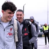 LIVERPOOL, ENGLAND - MARCH 14: (THE SUN OUT, THE SUN ON SUNDAY OUT) Stefan Bajcetic and Darwin Nunez of Liverpool boarding a plane at Liverpool John Lennon Airport on March 14, 2023 in Liverpool, England. (Photo by Andrew Powell/Liverpool FC via Getty Images)