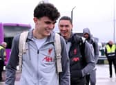 LIVERPOOL, ENGLAND - MARCH 14: (THE SUN OUT, THE SUN ON SUNDAY OUT) Stefan Bajcetic and Darwin Nunez of Liverpool boarding a plane at Liverpool John Lennon Airport on March 14, 2023 in Liverpool, England. (Photo by Andrew Powell/Liverpool FC via Getty Images)