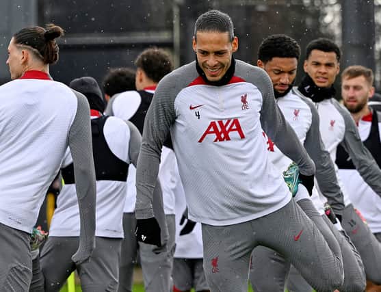 Virgil Van Dijk of Liverpool during a training session at the Axa Training Centre ahead of their UEFA Champions League round of 16 match against Real Madrid at AXA Training Centre on March 14, 2023 in Kirkby, United Kingdom. (Photo by Nick Taylor/Liverpool FC/Liverpool FC via Getty Images)
