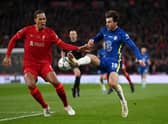 Virgil van Dijk of Liverpool challenges Mason Mount of Chelsea during the Carabao Cup Final match between Chelsea and Liverpool at Wembley Stadium on February 27, 2022 in London, England. (Photo by Michael Regan/Getty Images)
