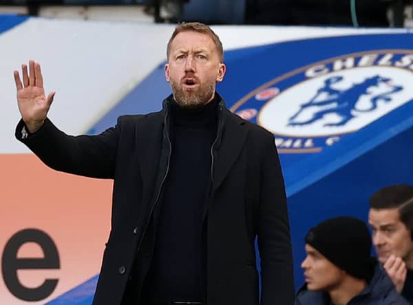 Graham Potter, Manager of Chelsea, reacts during the Premier League match between Chelsea FC and Everton FC at Stamford Bridge on March 18, 2023 in London, England. (Photo by Ryan Pierse/Getty Images)