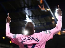 Abdoulaye Doucoure celebrates scoring for Everton against Chelsea. Picture: Clive Rose/Getty Images