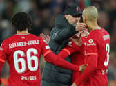 Liverpool manager Jurgen Klopp embraces Fabinho. Picture: Catherine Ivill/Getty Images