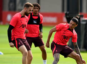 Darwin Nunez and Jordan Henderson captain of Liverpool during a training session at AXA Training Centre on August 29, 2022 in Kirkby, England. (Photo by Andrew Powell/Liverpool FC via Getty Images)