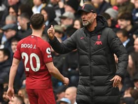 Jurgen Klopp speaks with Diogo Jota during Liverpool’s loss to Man City. Picture: John Powell/Liverpool FC via Getty Images