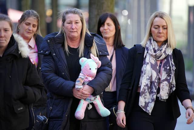 Cheryl Korbel, (centre) mother of nine-year-old Olivia Pratt-Korbel, arrives at Manchester Crown Court, as Thomas Cashman, 34, of Grenadier Drive, Liverpool, is sentenced for the murder of her daughter, who was shot in her home in Dovecot on August 22 last year, the attempted murder of Joseph Nee, the wounding with intent of Ms Korbel and two counts of possession of a firearm with intent to endanger life. Picture date: Monday April 3, 2023.
